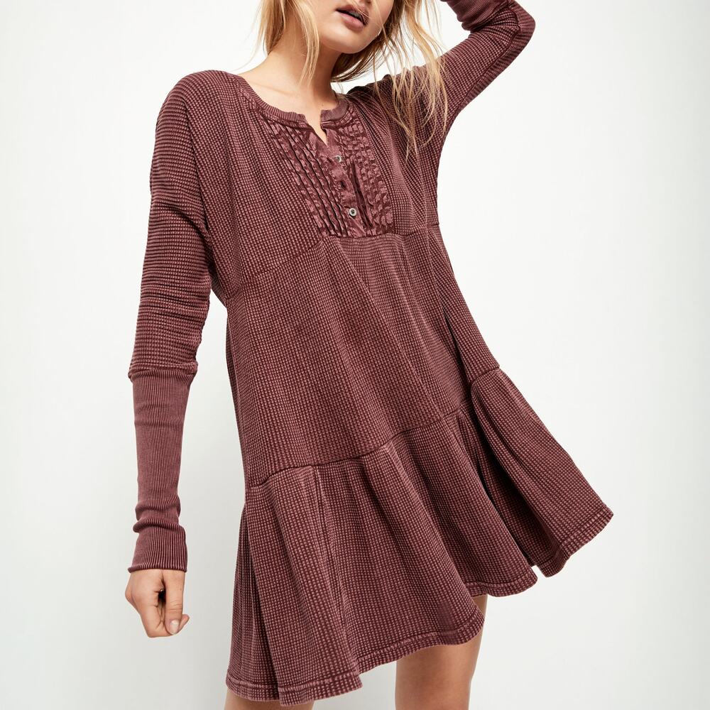 Free People FP ONE Jolene Waffle Knit Thermal Henley Tiered Mini Dress Wine S